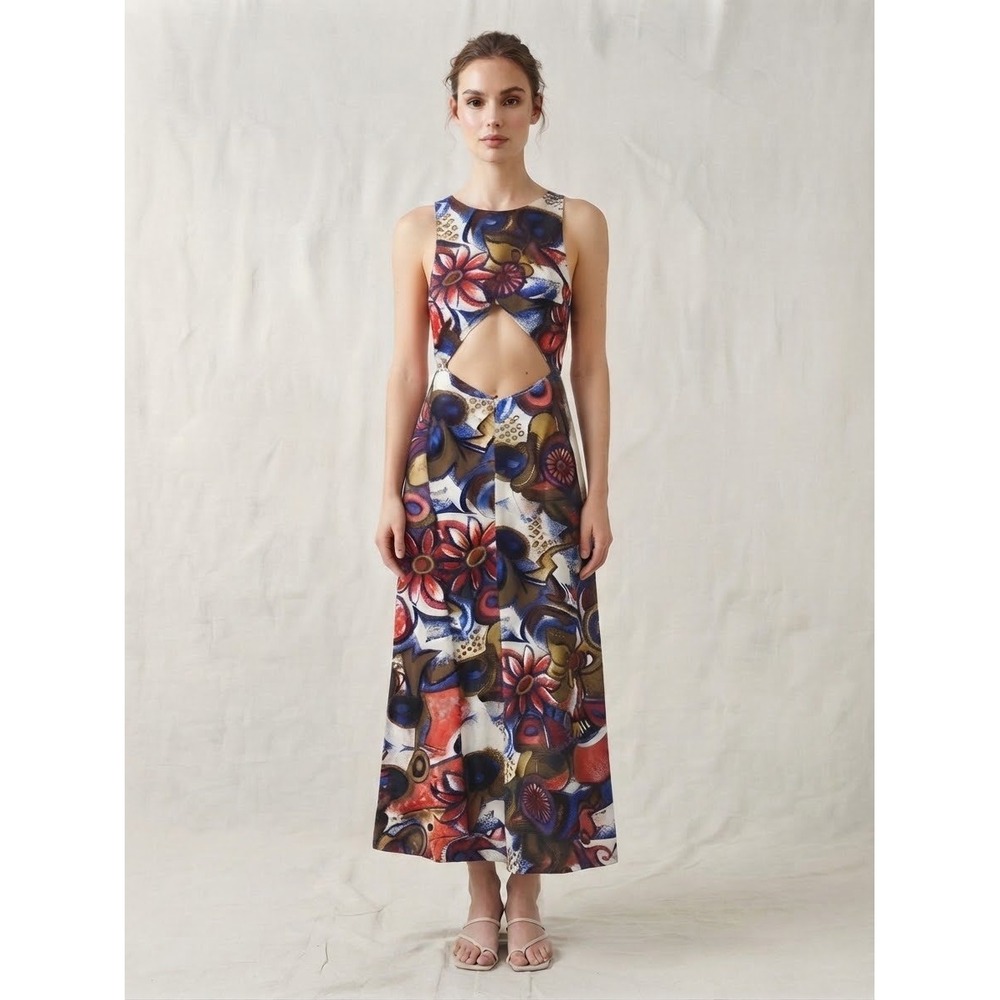 Pia Colors Midi Dress S Multicolor Abstract Floral Twist Front Cutout Open Back